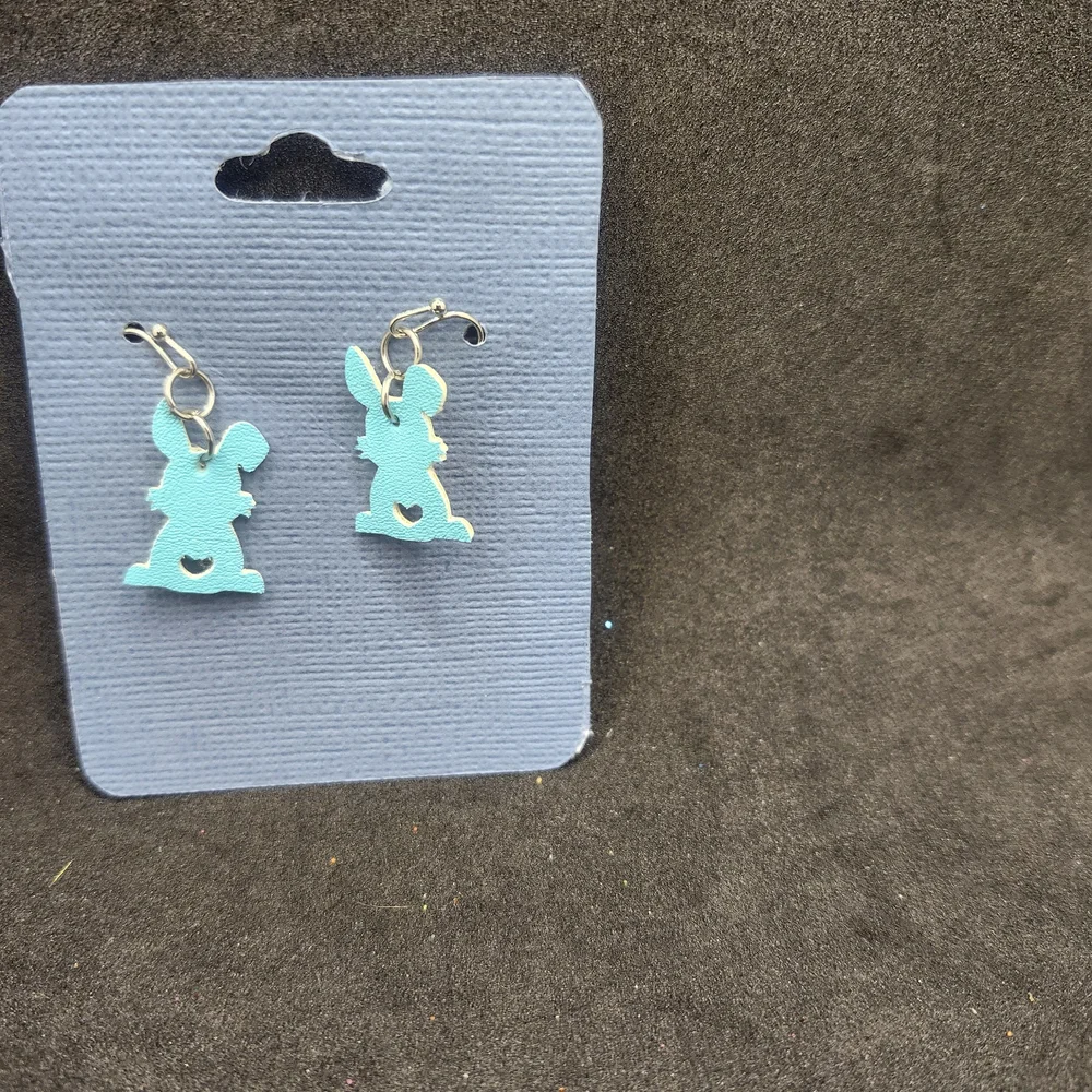 Pastel Blue Bunny Faux Leather Dangle Earrings, Lightweight Easter Earrings - Picture 1 of 2